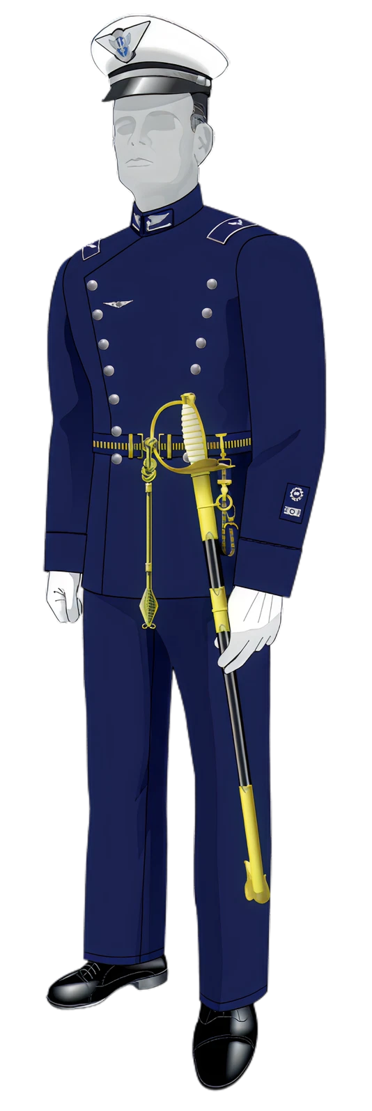 Uniforme histórico da Força Aérea Brasileira — túnica azul-ferrete com quepe branco e espadim